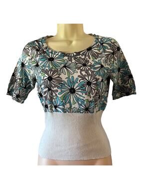 I.e. Petite Ivory Floral Print Silk Blend Sweater Beaded Size PSmall Y2K